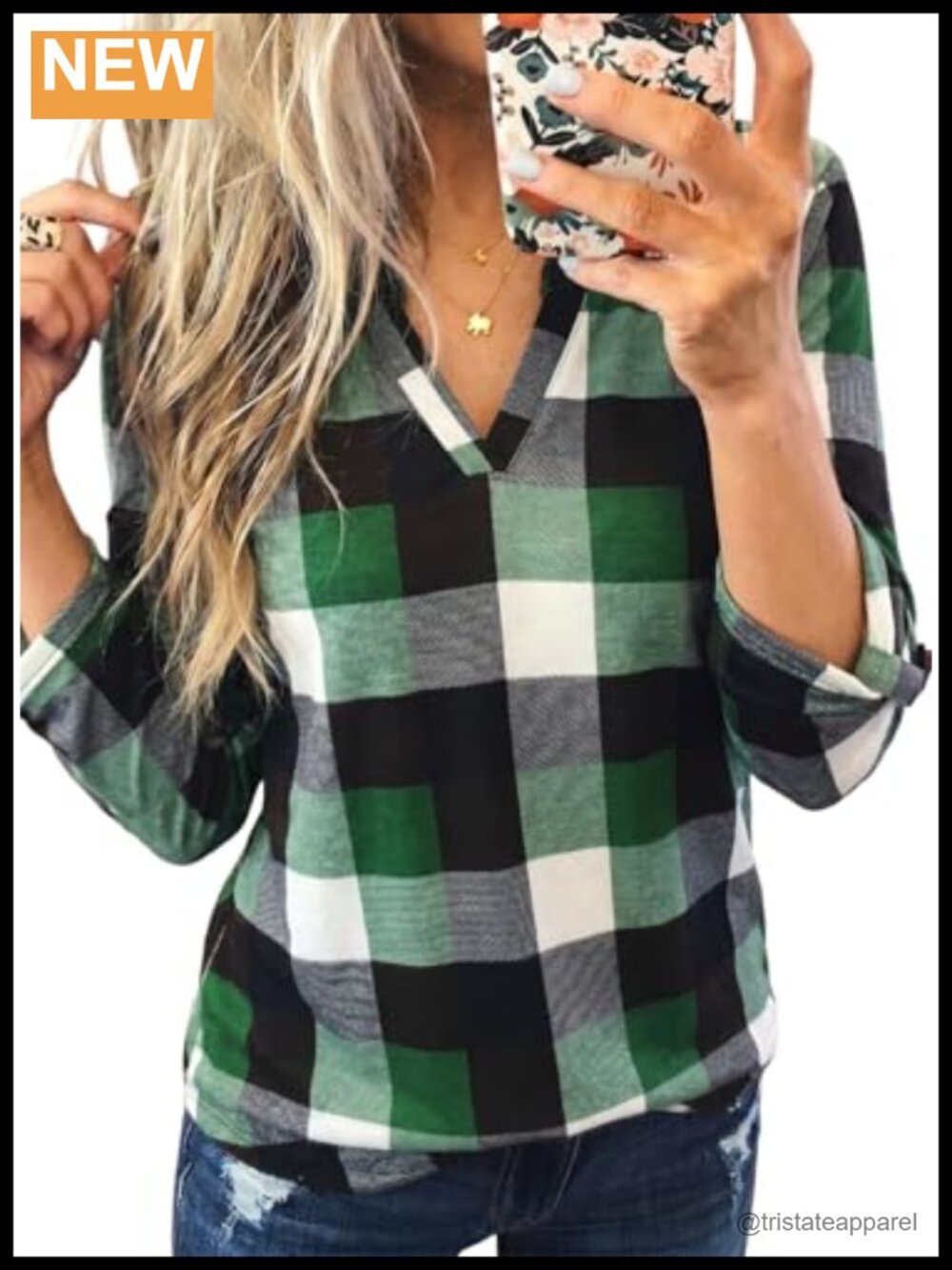 Plaid Cotton Cuffed 3/4 Sleeve Blouse Button Down Tunic Shirt Women